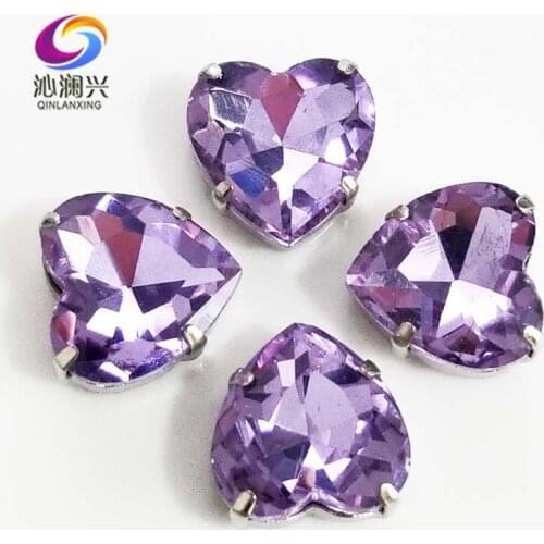 Crystal violet heart shape top quality Glass Crystal claw rhinestones,sew on stone with holes for Diy Clothing accessories SWH22