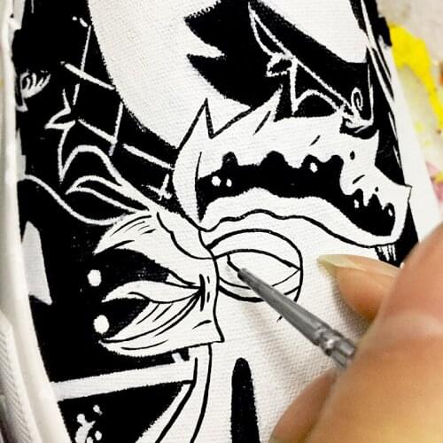 Wen Original Design Hand Painted Shoes Wild Look Rooster Cock Snake Floral Pattern Custom Slip On Black Unisex Canvas Sneakers