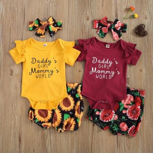0-18M Summer Causal Baby Girls Boys Clothes Sets Letter Ruffles Short Sleeve Romper Floral Shorts Headband