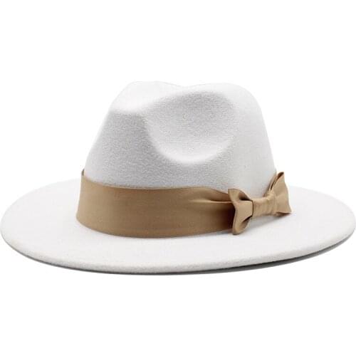 Fashion Vintage Fedora for women Wool Wide Brim Top Hat Witner Autumn for lady Chapeau white Church Hat Bowler Ladies Jazz Hats