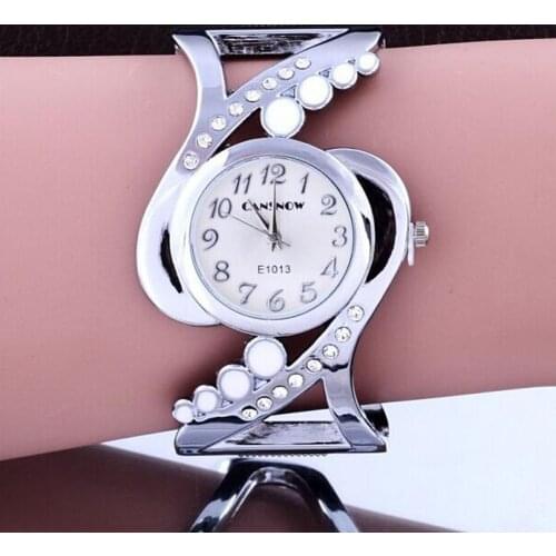 Fashion Rhinestone Inlaid Round Dial Alloy Open Ended Strap Bangle Wrist Watch
