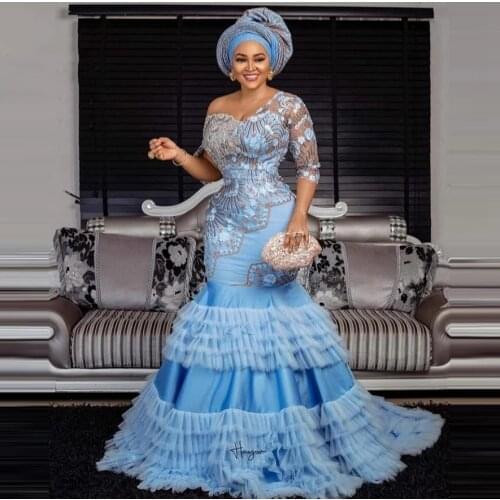 Sky Blue Aso Ebi South African Evening Dresses Mermaid V-neck Half Sleeve Appliques Nigeria Saudi Arabic Evening Gown Prom Dress