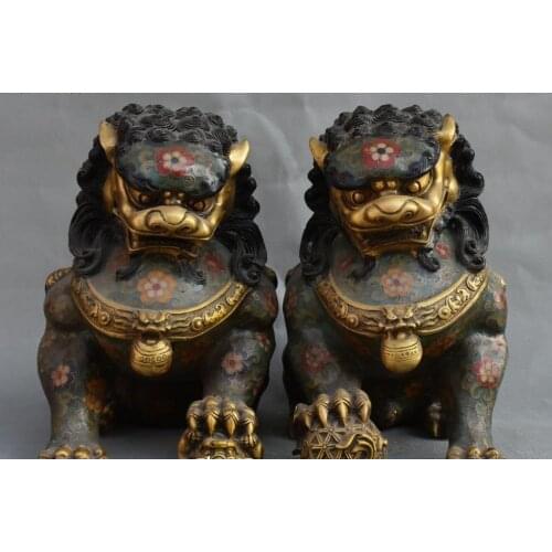 Cloisonne Enamel Bronze 24K Gold Gilt Foo Fu Dog Guardion Lion Beast Statue Pair