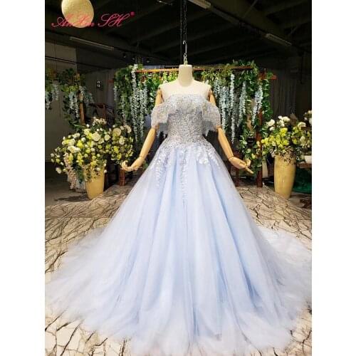 AnXin SH Luxury princess flower blue lace beading crystal illusion boat neck ruffles blue train wedding dress 100% real photos