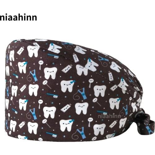 Tooth Printed Nursing Caps Pet Clinic Doctor Work Caps Unisex Beauty Salon Nursing Scrubs Cap Laboratory Hats Tieback Straps Hat