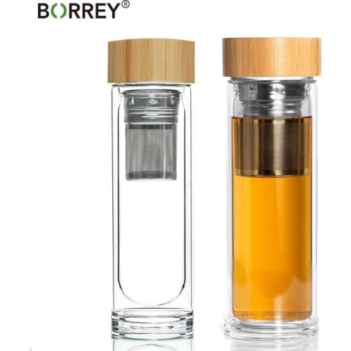 BORREY 450Ml Glass Tea Bottle With Infuser Water Bottle Anti-scald Double Wall Bottle With Filter Strainer Office Clear Drinking