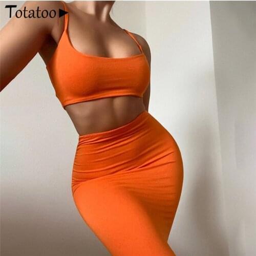 Totatoop Summer Low Cut Crop Top And Bodycon Midi Skirt Two Piece Set Women Workout Strechy Outfit Matching Set Orange Dress Set