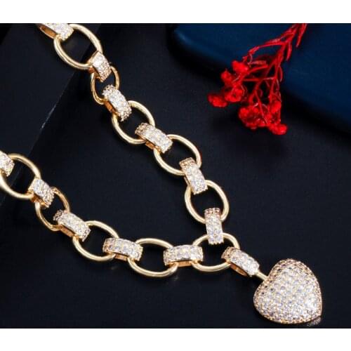 ThreeGraces New Fashion Cubic Zirconia Love Heart Chunky Gold Color Link Chain Necklace for Women Chic Punk Party Jewelry PN117