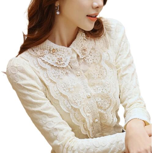 Lace Embroidery Flower Women Blouse And Shirts Turn-Down Collar Solid Slim Office Lady Elegant Outwear Tops Thicken Warm Tops