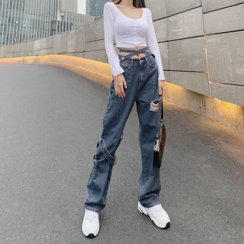 Women Pantalon Femme Hollow Out Hole Jeans Sexy Y2K Cross Bandage Denim Pants Spring Streetpants Female Hip Hop Trousers P075