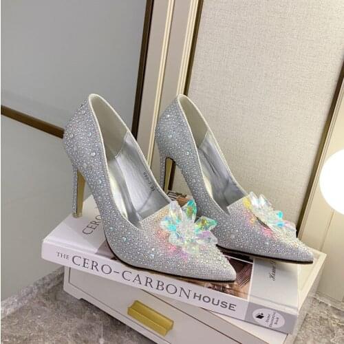 Xibeilove Rhinestone high heel womens singles banquet shoes pointed toe transparent crystal flower nightclub