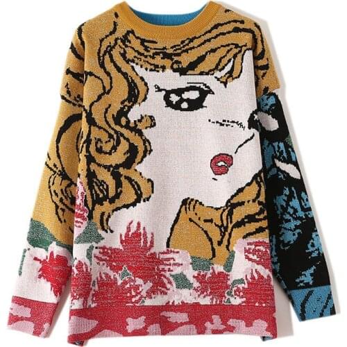 Elegant Sweater Women Runway Luxury Brand Design Beauty and Monsters Fun Cartoon Pattern Loose Warm Print Knitted Pullovers Tops