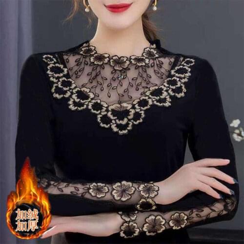 2021 Spring and Autumn Lace round Neck Womens Mesh Long Sleeve Top