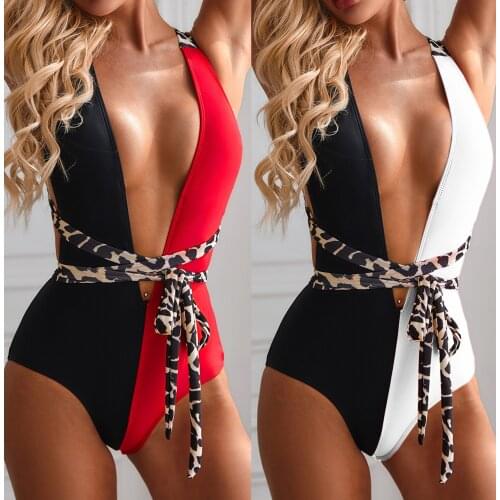 Summer Women Sexy Deep V Neck Leopard Patchwork One Piece Swimsuit With Belt Monokini Swimwear Maillot De Bain Femme