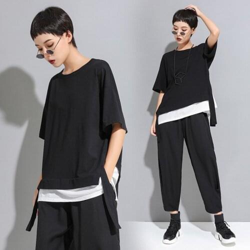 Ladies summer tide brand plus-size women street personality color patchwork fake two t-shirts fashion fashion short-sleeved top