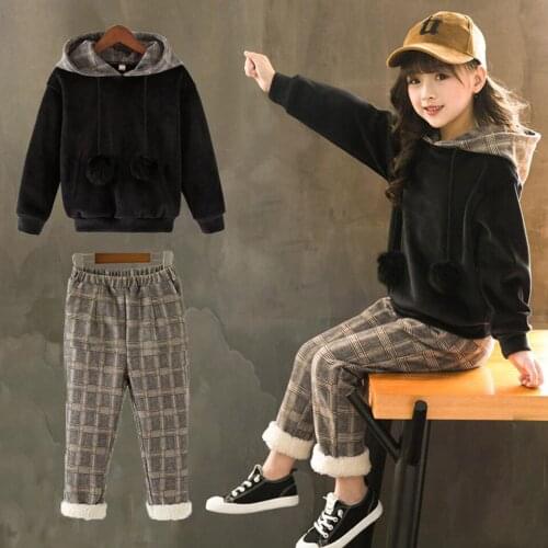 2019 Winter Baby Girls Clothing Sets Kids Casual Black Hooded Velvet Coat + Plaid Pant Childrens Sports Suits 4-12 Years