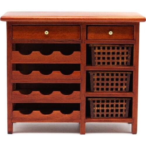 1pc 1/12 Simulation Model Mini Mahogany Wine Cabinet Wooden Drawer Cabinet Miniature Doll House Accessory Childrens Toys