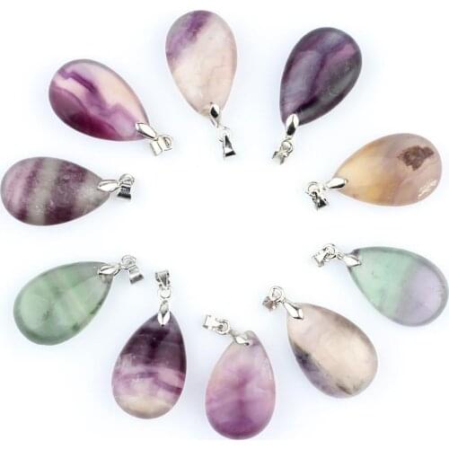 10pcs/lot Rock quartz Natural stone Water Drop Pendants Fluorite Pendulum Clear Crystal Chakra Healing Reiki Beads Free pouch