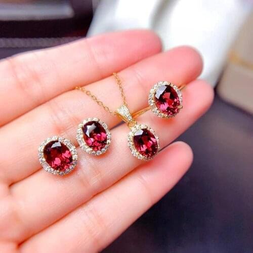 100% Natural And Real Garnet Set 925 Sterling Silver 1pc Ring,2pcs Earring,1pc Pendant Female Party Jewelry