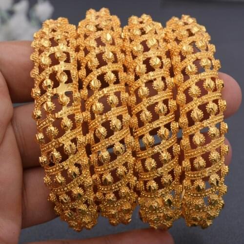 4Pcs/Set Dubai African Gold Color Cuff Bangles For Women Girls Wife Little flowers Bracelet&Bangles Jewelry Holiday Gift