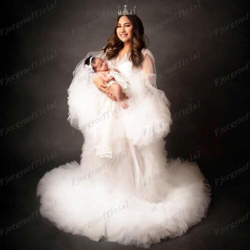 Pure White Ruffles Tiered Maternity Dresses Babyshower Party Gowns 2021 New Arrival Special Pregnant Women Dress Tulle Robes