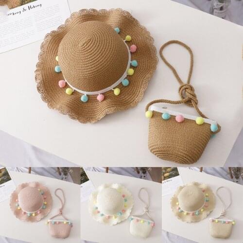 Baby Girl Sun Hat Children Straw Hat Summer Sunscreen Cute Princess Girls Handmade Beach Hats +Bag Fisherman Cap Kids Beanies