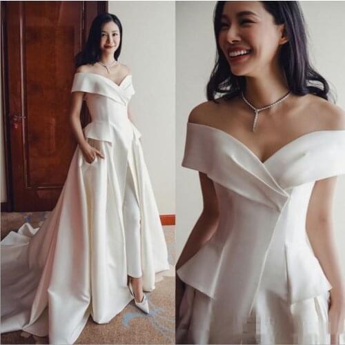 Elegant Women White Jumpsuit Wedding Dresses With Overskirt Pockets Off Shoulder Long Train Satin Bride Dress Wedding Gowns