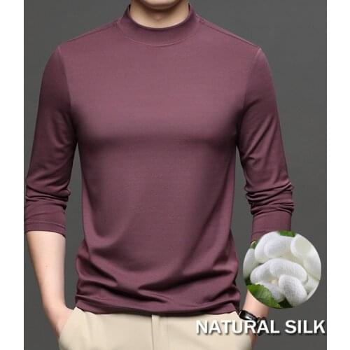 Brand Natural Silk Blend Turtleneck T Shirt Men Long Sleeve Ultra Soft Lightweight Tshirt Male Winter Black Basic Tops Modal 3XL