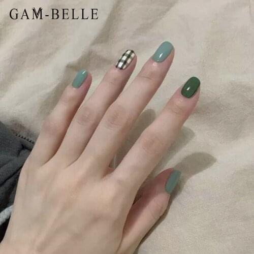 GAM-BELLE Green Grid Pattern Fake Nails with Glue Square Full Cover Artificial Nail Tips Decoration Manicure Press On Nails