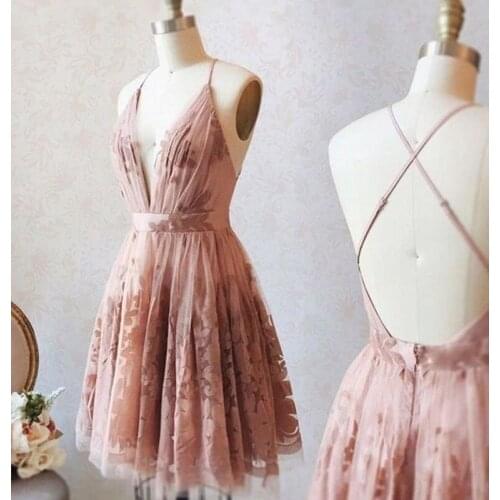 Short V Neck Backless Homecoming Dresses 2021 A Line Spaghetti Strap Sleeveless Knee Length Tulle Low Back Prom Party Gown