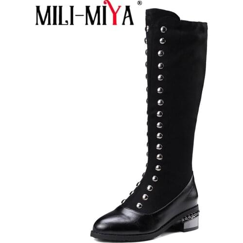 MILI-MIYA Fashion knee-High women boots Pointed Toe Rivet Zipper Metal Decoration PU Black large size 35-48 women shoes