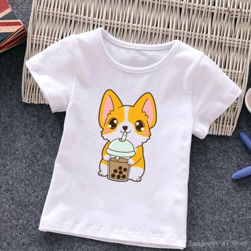 Cute 1-12 Years Children Clothes Cartoon Dog Milk Tea Print Baby Boys Girls Summer Short Sleeve Kids T-shirt