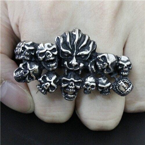 Newest Design Heavy Skull Link Crown Double Finger Ring 316L Stainless Steel Cool Man Hot Popular Skull King Ring