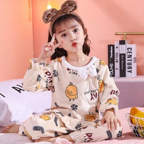 New Kids Children Nightwear Home Clothes 2022 Winter Flannel Warm Velvet Pajamas For Baby Girls Long Sleeve Pants Suit Sleepwear