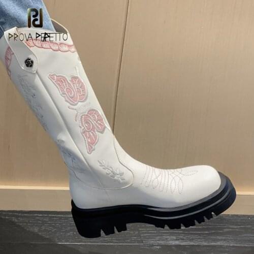 Autumn and Winter Round Head Embroidered Flat Mid-tube Boots Womens Thick-soled Heightening Plus Velvet Mid-heel Knight Boots
