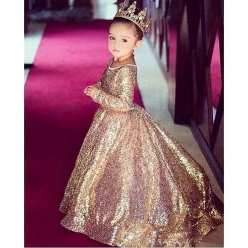Golden Sequin Flower Girl Dresses For Wedding Birthday Princess Long sleeves Girls' Pageant Gown Floor Length Kids Party Dresses