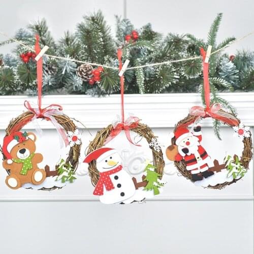 Christmas Wreath Garland Decorations Rattan Circle Ring Snowman Pendants Hanging Ornaments for Xmas Party Home Decor Accessories