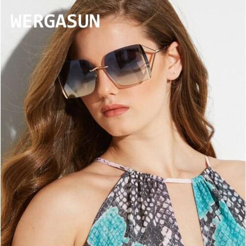 WERGASUN New Fashion Oversized Square Sunglasses Women Brand Designer Vintage Metal Rimless Sun Glasses Men Shades Oculos
