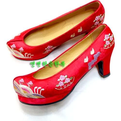 Korean Traditional Hanbok Embroidered Hook Shoes Bridal Wedding Flower Shoes 7cm Red Hanbok High Heels HE-X2010