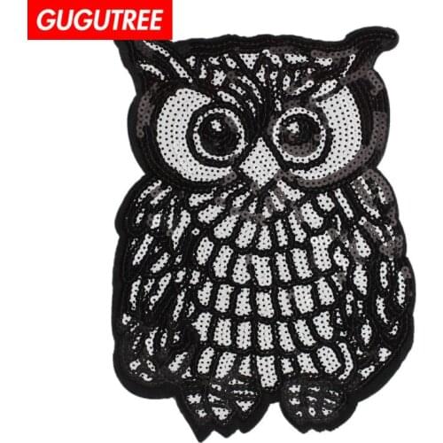 GUGUTREE embroidery paillette big owl patches sequin patches badges patches applique patches for clothing