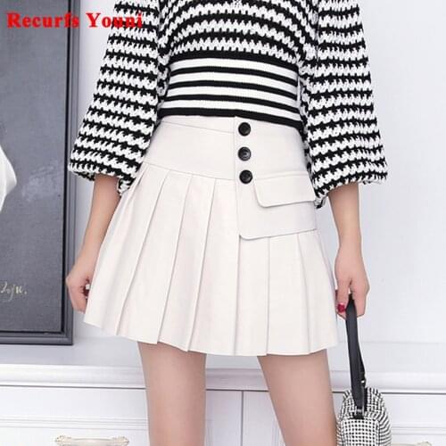 Genuie Leather Skirt Women 2021 Spring South Korean Fashion High Waist Buttons Pleated Jupe Female Black/White Sexy Mini Faldas