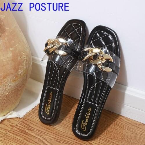 Womens shoes beach flip-flops metal chain slippers flat shoes slide open-toed slippers ladies sexy transparent slippers w136