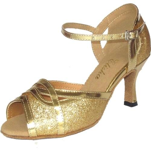 Elisha Dance Shoe 7.5cm Flare Heel Womens Open Toe Gold Color Latin Salsa Dance Shoes Size US7.5
