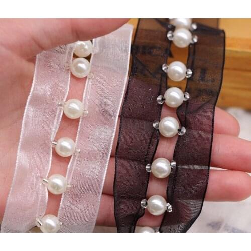 10Yards 40mm Pearl Beaded Embroidered Rhinestones Applique Lace Collar Braided Organza Lace Ribbon Trim For Wedding Dress