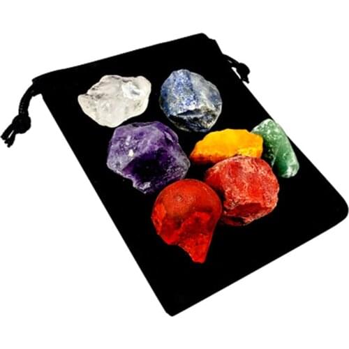 7PCS/Set Natural Crystal Stone Seven Chakras Black Cloth Bag Large Grain Unpolished Collection Gift DIY Home Decorative Stones