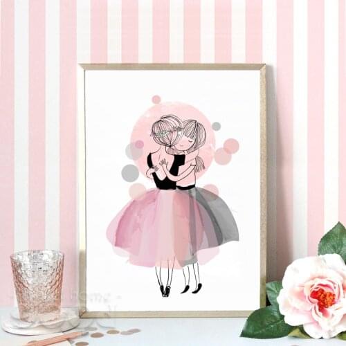 Watercolor Hug Girls Canvas Art Print Poster, Wall Pictures for Girl Room Decoration, Giclee Wall Decor CM022-1