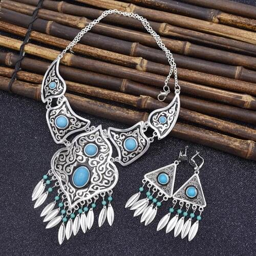 Bohemian Afghan Vintage Blue Stone Necklace Turkish Gypsy Bib Leaf Tassel Choker Necklace Earrings Women Tribal Jewelry Sets