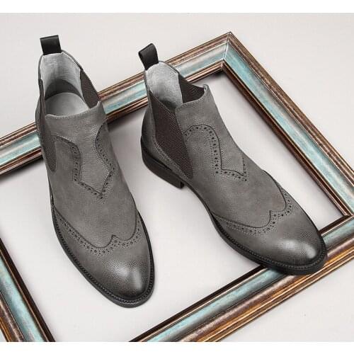 Brand Handmade New Gentlemen Vintage Leather Boots British Style Men Black Gray Botas Slip On Wedding Shoes Male Chelsea Booties