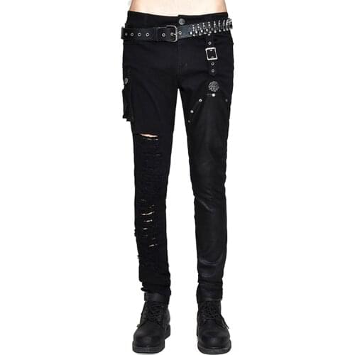 Steampunk Men Casual Black Pants Gothic Personality Mens Long Slightly Elastic Trousers Slim Fit Hole Pencil Pants with Pocket