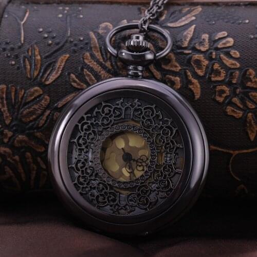 Chain Black Retro Pedant Watch Vintage Casual Men Women Pocket Watch Gold Plated Arabic Digit Dial Fashion Fob Watch Gift